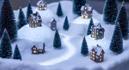 Stylized Winter Wonderland Model with Tiny Houses and Pine Trees