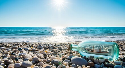 Boat in a glass bottle on pebble beach near calm ocean under bright sun. Message in a bottle concept, a ship in a bottle.