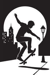 Skateboarder performing trick against cityscape and moon skateboarding urban