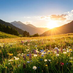 Mountain meadow at sunset