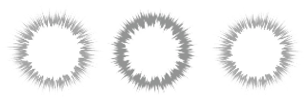Set of Three Abstract Black and White Halftone Dot Radial Burst Frames with Exploding and Spreading Effect