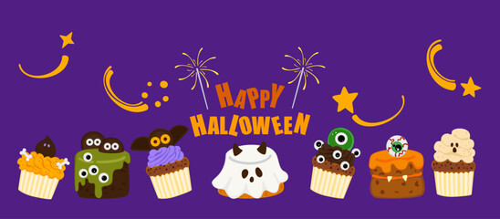 Cute Halloween treats banner featuring cupcakes, cakes, cookies, pumpkins, and spooky treats. Vector illustration in fun cartoon style. Perfect for seasonal promotions, party invitations, posters.
