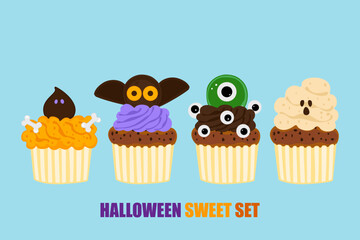 A fun and spooky Halloween cupcake set decorated with ghosts, pumpkins, bats, spiders, and candies. Cute vector illustrations perfect for Halloween parties, bakery menus, and seasonal promotions.
