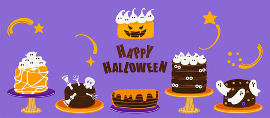 Cute Halloween treats banner featuring cupcakes, cakes, cookies, pumpkins, and spooky treats. Vector illustration in fun cartoon style. Perfect for seasonal promotions, party invitations, posters.
