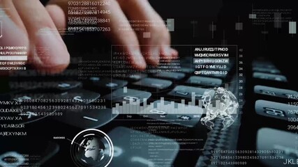 Man working on laptop computer keyboard with graphic user interface GUI hologram showing concepts of big data science technology, digital network connection and computer programming algorithm. Glean - Powered by Adobe