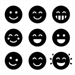 Smiling Emoji Grid. Solid, filled icons set of smiling: happy face, closed-eye smile, toothy grin, blushing