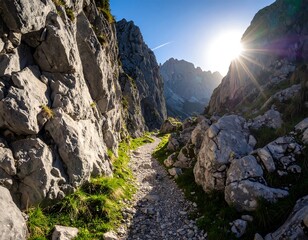 Mountain path leading to sunlight