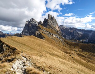 Mountain path under a cloudy sky