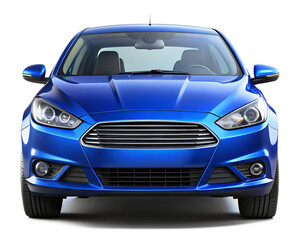 A modern blue sedan car viewed from the front, isolated on transparent background
