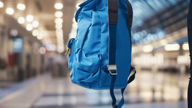 A blue backpack sits on a floor in a train station. The backpack is open and the straps are visible. The scene is set in a busy train station, with people walking around and waiting for their trains