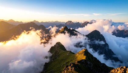 Mountain peaks rise above clouds at sunrise