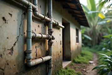 Old Water Pipe Installation on Cracked Wall in Rural Area