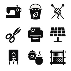 Sustainable Fashion Tools Icons. Solid, filled icon set of Sustainable fashion production tools: sewing machine, dye vat, knitting