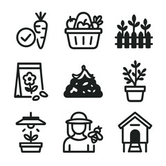 Sustainable Food Icon Set. Solid, filled icon set of sustainable food practices: organic vegetable, farmer market basket,