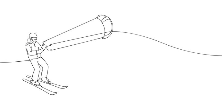 One line drawing of a snowkiting athlete skiing with a traction kite. Minimalist linear illustration. Winter sport and Olympic games concept.
