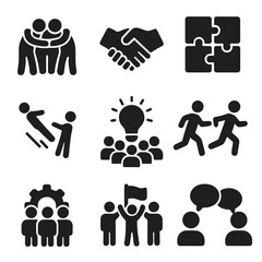 Team Building Icons. Solid, filled icons set of team building activities: group huddle, handshake, puzzle