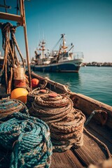 Obraz premium Coiled green and brown fishing ropes lie on a wooden dock, with a fishing boat anchored in the calm harbor waters as the sun sets in the background