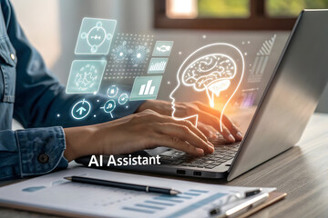 Person using a laptop with an ai brain hologram and digital icons symbolizing artificial intelligence and technology
