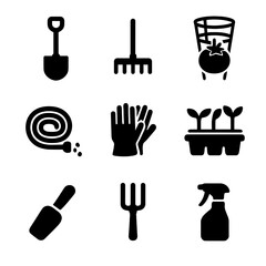 Obraz premium Tomato Garden Tools Icons. Solid, filled icon set of tomato garden tools: shovel, rake, tomato cage, watering hose, gloves,