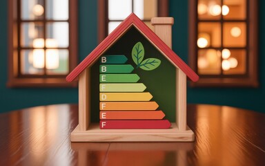 Wooden house with energy efficiency scale and green leaf symbol representing eco-friendly living
