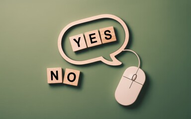 Conceptual image representing decision making with YES and NO blocks next to a computer mouse and a speech bubble.