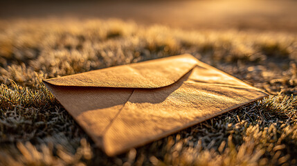 A sealed brown envelope rests on frosted grass during golden hour paper