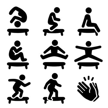 Trampoline Tricks Icons. Solid, filled icons set of trampoline tricks: backflip icon, knee drop, seat bounce,