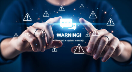 Person interacting with a digital warning interface with alert symbols