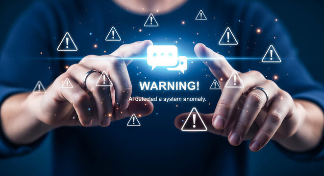 Person interacting with a digital warning interface with alert symbols