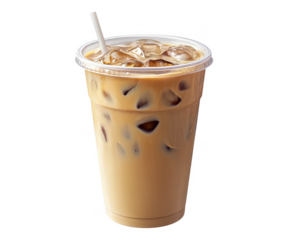 Refreshing iced coffee drink with ice cubes and straw against transparent background