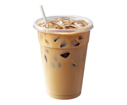 Refreshing iced coffee drink with ice cubes and straw against transparent background
