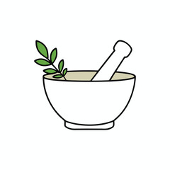 Cream white medicine mortar and pestle with fresh herbs illustration