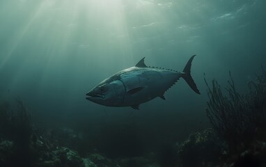 Fototapeta premium A majestic tuna fish swimming gracefully through the crystal-clear ocean water, capturing the beauty of marine life.