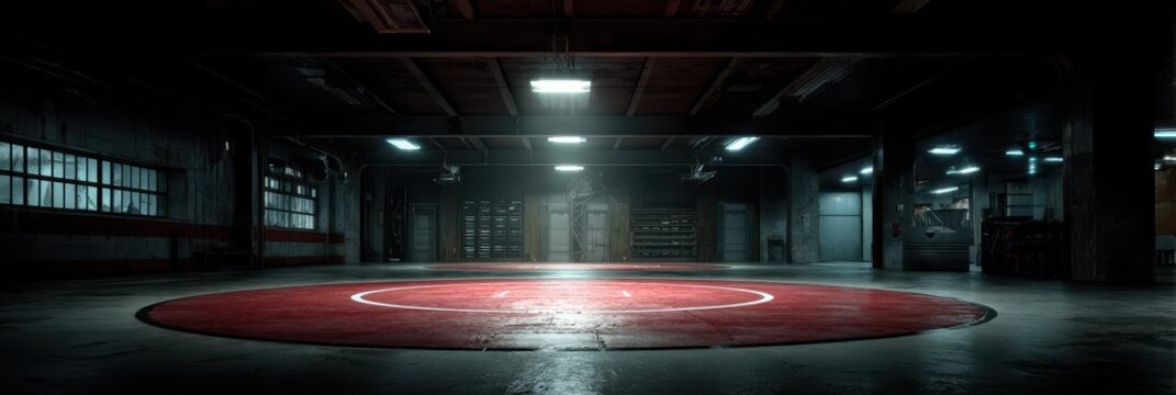 Wrestling training facility interior with circular red mat and industrial lighting during nighttime