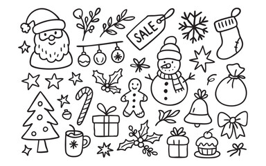 Gingerbread and snowflake doodles pair with sale icons for a cheerful Christmas vibe. Santa, snowman and holly elements decorate your holiday or gift theme. Perfect for banners or seasonal posts.