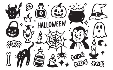 Halloween doodle include vampire, pumpkin and ghost with spider, cat and bat illustrations. Poison bottles or hats add creepy fun for spooky or costume designs. Ideal for party invites web element.