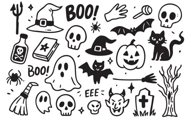 Halloween ghost and skull drawings pair with pumpkin, bat and witch elements in this spooky set. Use broom, haunted trees or line art graphics for creepy or eerie decor. Designed for fun, frightful.