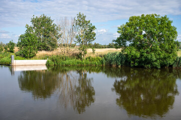 Fototapeta premium Natural reflections in the Yser river in Diksmuide, West Flanders, Belgium