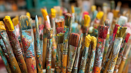 Fototapeta premium Assorted paintbrushes with colorful bristles and stained wooden handles art supplies artistic