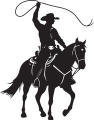 Naklejka premium Cowboy on horse with lasso above head silhouette