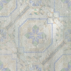 Colorful ceramic wall tiles decoration. Abstract damask patchwork pattern with geometric and floral ornaments, Vintage tiles intricate details