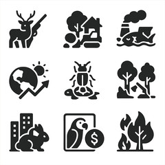 Wildlife Threat Icons. Solid, filled icons set of threats to wildlife: poaching, habitat loss, pollution,
