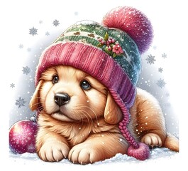 Puppies in winter hats, snowy winter vibe, with Christmas decorations