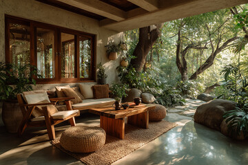 A peaceful corner filled with greenery, natural wooden furniture and a woven rug

