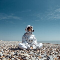 Dog in astronaut suit sitting on rocky beach under blue sky