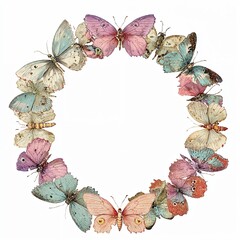 Colorful butterfly wreath in vintage hand-drawn illustration style