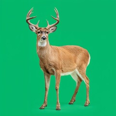 Male deer with antlers standing against green background