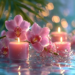 Pink spa candles and orchids with water and glowing bokeh