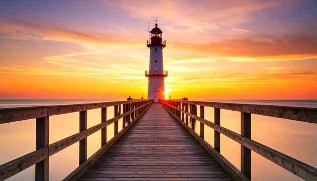 Sunrise lighthouse on a wooden pier - Powered by Adobe