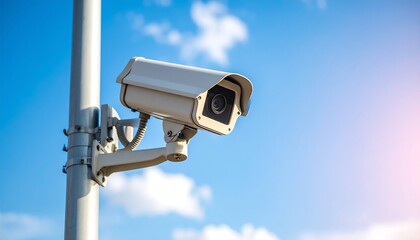 CCTV camera on pole against blue sky